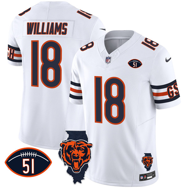 Men's Chicago Bears #18 Caleb Williams White F.U.S.E. With Illinois and No. 51 Patch Stitched Football Jersey